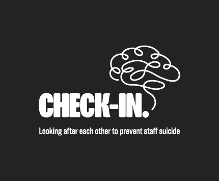 the words "Check-in" in white text on a black background. On the right is an outline of a brain
