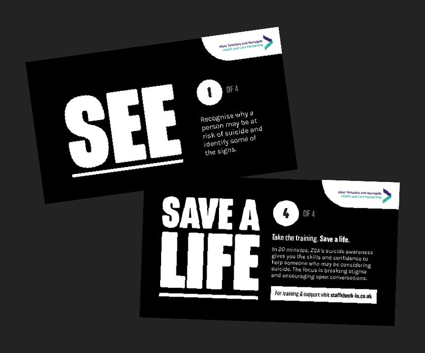 Two examples of plasma screen images. One says "See" in white text on a black background, the other says "Save a life", also in white on a black background.
