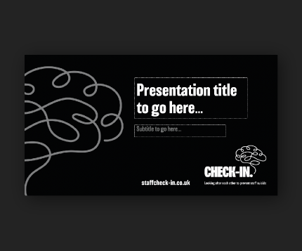 An example of a slide. The slide has a black background. On the left is a line drawing of a brain, on the right is white text saying "Presentation title goes here"