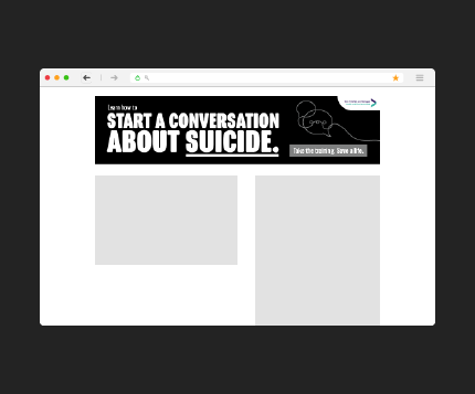 A screenshot of a web browser, with the address bar at the top, a large banner that says "Learn how to start a conversation about suicide" and two grey boxes below.