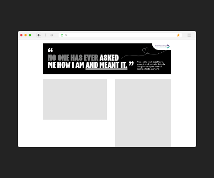 A screenshot of a web browser, with the address bar at the top, a large banner that says No one has ever asked me how I am and meant it and two grey boxes below.