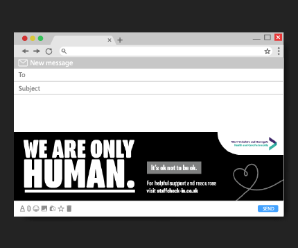 A screenshot showing an email with the "To" and "Subject" fields empty. At the end of an email is a footer image saying We are only human