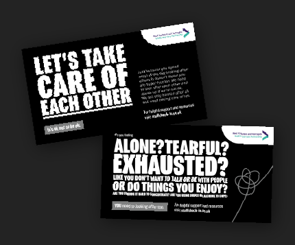 Examples of the graphics for plasma screen. The message is Let's take card of each other.