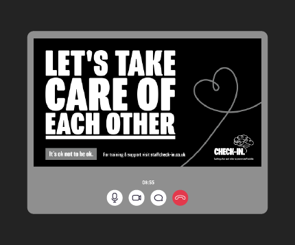 A screenshot of a video call, with the phone controls at the bottom and a background that says Let's take care of each other. To the right of the text are line drawings of a heart.